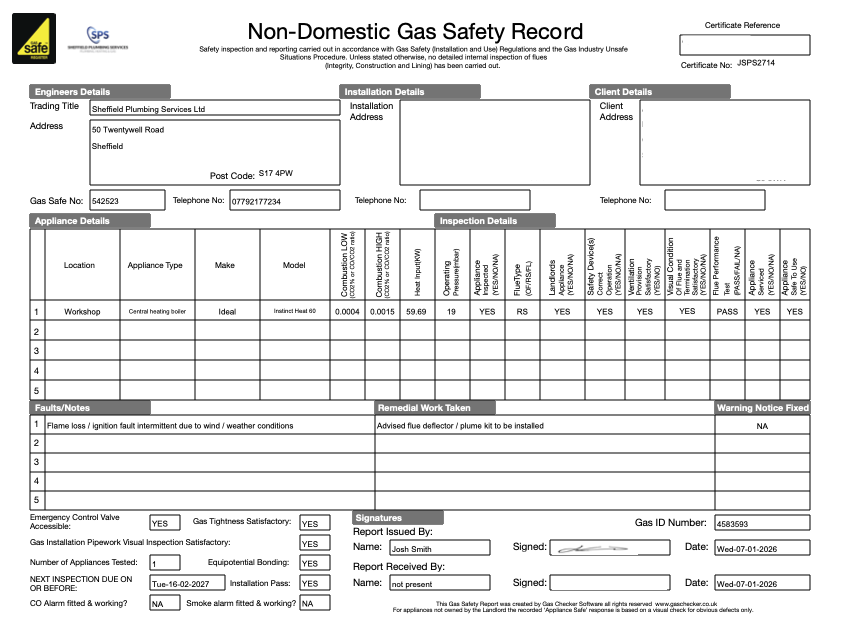 Commercial Gas safety certificate